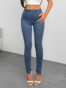 Women's High Waist Elastic Waist Blue Leggings Jeans - Blue - View 5