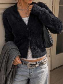 Women's Fall Winter Black Imitation Mink Knit Cardigan,V Neck Button Front Long Sleeve Sweater,Soft Daily Versatile Cardigan, Casual Vacation Outfit - Black - View 5