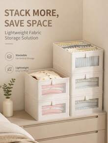 Foldable Linen Fabric Storage Bin With Clear Visible Window, Stackable Open-Top Clothes Organizer Box With Handle, Wardrobe Drawer Organizer For Pants, Shirts And Garments - White - View 2