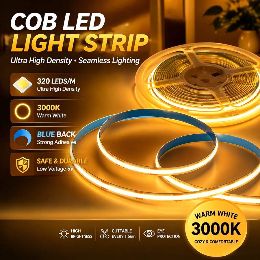 1 buah Lampu Strip LED COB, 3 Suhu Warna, 5m Bertenaga USB 320 LED/M, Pemotongan Fleksibel, Pencahayaan Tanpa Sambungan yang Dapat Diredupkan, Portabel, Perekat Mandiri untuk Pemasangan Mudah, Panjang Dapat Disesuaikan dan Dapat Dilipat, Cocok untuk Kamar Tidur, Ruang Tamu, Lampu Latar TV, Lampu Pengisi Cermin Rias dan Lainnya, Hadiah Liburan - MultiWarna - View 1
