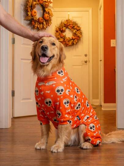 1pc Halloween Dog Anti-Shedding Pajamas, Warm High Elastic Full Coverage Pet , Anti-Licking Anti-Insect Protective Jumpsuit, Suitable For Small Medium Large Dogs, Halloween All-Over Print Dog Clothes, Cute Halloween Skeleton Pattern