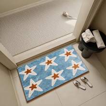 1pc Blue Background White & Brown Five-Pointed Star Pattern Bathroom Mat, Bathroom Rug, Blue Background White & Brown Five-Pointed Star Pattern Doormat, Small Rug, Carpet, Floor Mat, Home Decor, Area Rug, Outdoor Mat, Home Decor, Area Carpet, Bedroom Rug, Washable Carpet - Multicolor - View 5