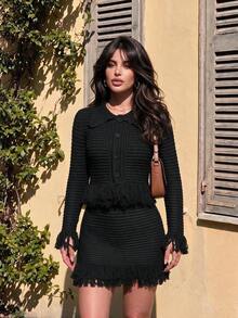 Fringe Trim Collared Knit 2 Pieces Set, Long Sleeve Button Front Crop Cardigan & Mini Skirt Outfit, Going Out Date Night Casual Daily Wear Black - Black - View 1