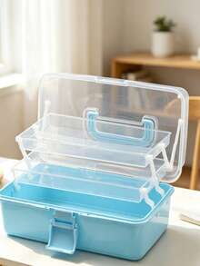3-Tier Foldable Transparent Storage Box With Bow Detail – Stackable Organizer For Home Desktops; Collapsible & Space-Saving; Portable Handheld Case For Sorting Craft Parts & Sundries; Suitable For Teacher's Day, Christmas, And Halloween. - A - View 2