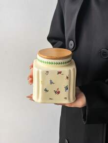 1pc French Vintage Floral Ceramic Storage Jar, Multi-Purpose Square Shape With Round Lid, Round Ceramic Airtight Canister, Coffee Bean Container, Suitable For Kitchen Spices, Coffee, Grains, Candy, Cookies, Home Kitchen Table Decor - Multicolor - View 14