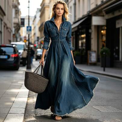 Autumn New Women's Long Sleeved Lapel Dress, Full Button Elastic Waist A-Line Large Swing Skirt, Versatile Temperament Slim Fit Dress