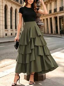 Elio Closet Women's Summer Solid Color Asymmetrical Hem Layered Ruffle High Waist Flare Skirt, Minimalist Fashion Elegant Versatile Skirt, Suitable For Evening Party, Cocktail Party, Wedding Guest, Valentine's Day, New Year - Army Green - View 5
