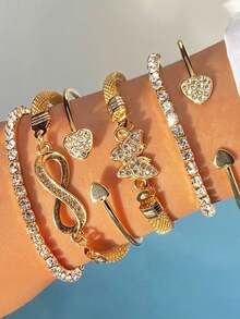 6pcs Women's Minimalist Personalized Metal Rhinestone Bracelet Set - Includes Butterfly, Heart And Infinity Symbol Elements, Multi-Layer Stacking Design, Suitable For Daily Wear, Party, Date And Other Occasions - Gold 6pcs Heart Bow - View 3