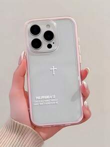 1pc Pink Frame Transparent Minimalist Lens Protection Anti-Drop Anti-Collision Simple Cross & English Letter Pattern Phone Case, Personalized Compatible With Iphone 16 Pro Max/17/16/15/14 Plus/13/12/11/Air And Series - Multicolor - View 2