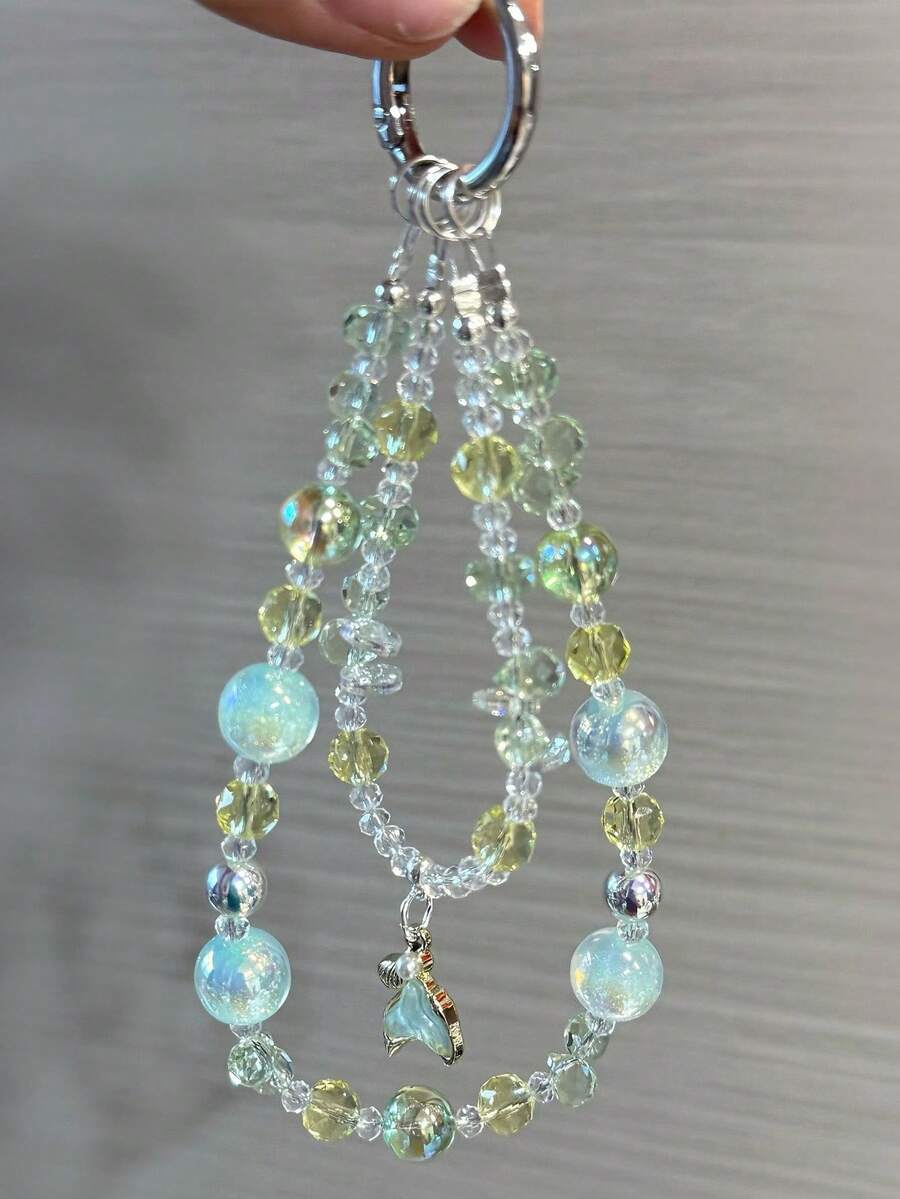1pc Light Mint Green Double-Layer Fish Tail Crystal Beaded Phone Chain Bag Pendant - Multicolor - View 1