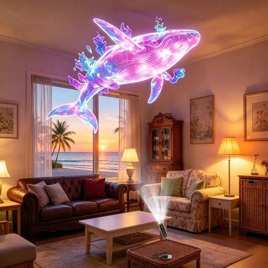 1個便攜式USB海洋生物投影小夜燈,附4款可替換海洋主題幻燈片圖案:粉色鯨魚、水母、粉色海豚和藍色鯨魚,LED氛圍燈,360°自由旋轉,適合床頭夜燈 - 黑色 - 查看 1