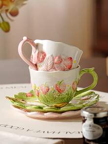 Embossed Underglaze Painted Strawberry Ceramic Cup And Saucer Set, Coffee Cup, Milk Cup, Breakfast Cup, Afternoon Tea Cup, Suitable For Home And Office, Perfect Holiday Birthday Housewarming Gift - Multicolor - View 10