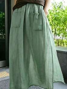 Autumn Back To School Women's Loose Plus Size Casual 9/10 Length Split Skorts, 2 In 1 Design - Green - View 4