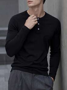 Men's Outdoor Long Sleeve Henley Shirt, Solid Color Button Placket Crew Neck Breathable Lightweight Casual Hiking Climbing Top - Black - View 3