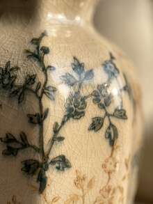 1pc Lovien Vintage Floral Pattern Ceramic Vase, Crackle Glaze Finish, Hexagonal Shape, Dark Rim, Rustic Style - 1PC - View 6