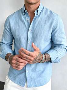 Mercer Haus Men's Pure Cotton Long Sleeve Shirt, Casual Business Solid Color Commuter Shirt - Blue - View 2