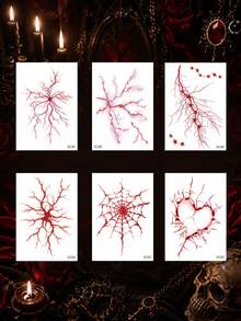 6pcs Halloween Red Cracked Temporary Tattoo Stickers, Spider Web, Veins And Broken Heart Body Stickers, Waterproof Long-Lasting Fake Tattoo Set, Suitable For Halloween Party, Cosplay, Costume Party And Makeup - Multicolor - View 2