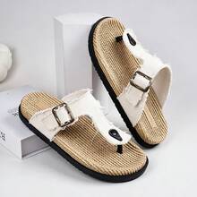 Men's Frayed Edge Adjustable Buckle Thong Flip Flops, Vintage Slouchy Summer Daily Beach Casual Flat Sandals - White - View 5