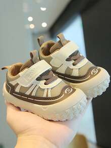 Unisex Baby Colorblock Patchwork Casual Walking Shoes, Hook & Loop Anti-Collision Closed Toe Soft Sole Non-Slip Infant Sports Shoes - Khaki - View 3