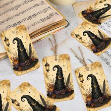 50Pcs Vintage Magic Witch Hat Halloween Gift Tags With String - Rustic Spooky Pumpkin & Magic Lantern Present Wrapping Labels - Autumn Party Favor, Fall Halloween Decor, Treat Bag & DIY Craft Hang Tags - A - View 2