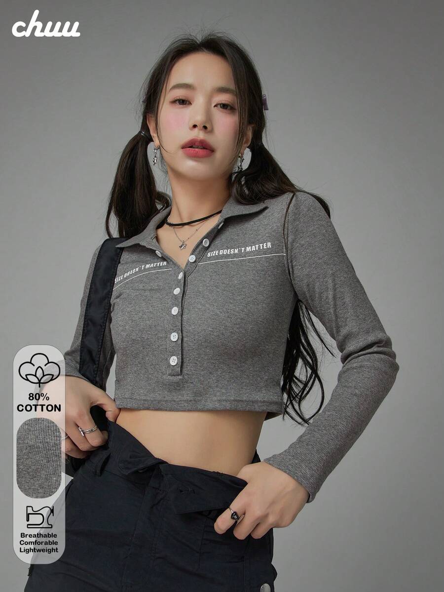 CHUU Button-Up Lapel T-Shirt Women's Autumn Slim Fit Flattering Stylish Versatile Long Sleeve Pullover Top - Grey - View 1