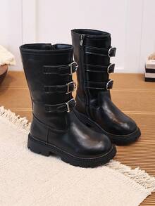 Girls' Brown Tall Riding Boots With Metal Buckle Side Zipper, Warm Long Boots For Autumn/Winter - Black - View 6