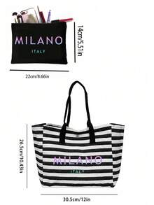 「Milan, Italy」漸層字母印花條紋托特包套組，附配套拉鍊化妝收納包，時尚都市街頭風單肩包，復古條紋手提包，大容量日常通勤學習旅行肩背包，便攜可重複使用購物袋，個性化禮品包，適合旅行、海灘度假、辦公工作與日常通勤，送給女性、家人、老師、朋友、閨蜜與學生的完美禮物，開學季、情人節、教師節、萬聖節、復活節、聖誕節禮物 - 彩色 - 查看 10