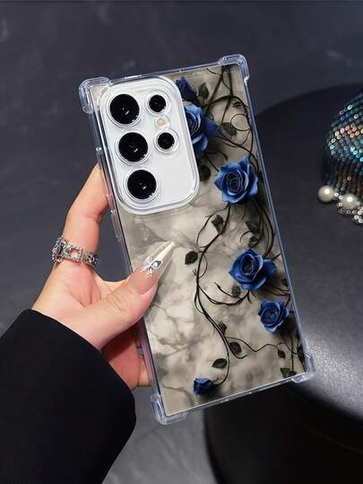 ClearFour Corners Air Cushion Shockproof Phone Case, Gothic Dark Blue Rose Vine Marble Transparent Phone Case, Soft TPU Four-Corner Cushion Shockproof Anti-Drop Protective Phone Cover, Soft TPU Material Anti-Drop Transparent Protective Case, Compatible With Apple 11, 12, 13, 14, 15, 16, 17 Pro Max Models, Suitable For Women And Girls, Compatible With Galaxy, Honor, Phones