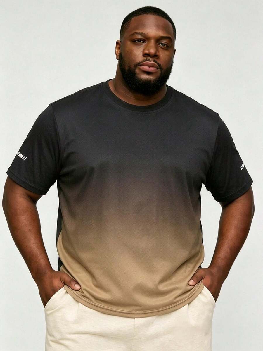 1pc Gradient Color Plus Size Men's Large & Extra Large T-Shirt, Ultra-Light Quick-Dry Sports T-Shirt, Suitable For Outdoor Activities - Khaki - View 1