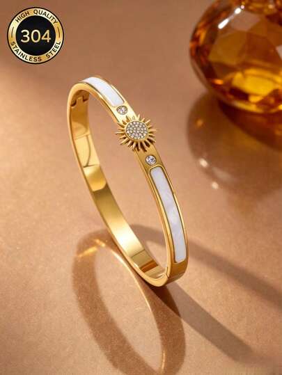 1pc Stainless Steel Sunflower Rhinestone Bracelet, Women's Luxury White Mother Of Pearl Clasp Bangle, Niche High-End Jewelry For Party, Holiday Gift