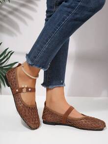 Bohemian Buckle Premium Fishnet Hollow Woven Closed-Toe Sandals - Brown - View 5