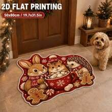 Flat Printed Bath Mat Bathroom Rug, 1pc 850GSM Non-Slip Mat, Velvet Surface With Dotted Plastic Backing, Christmas Rabbit Hamster Hedgehog Snowman Hot Cocoa Gingerbread Snowflake Pattern Printed Rug, Suitable For Porch, Bathroom, Christmas Decor, Home Decor, Cute Animal Shaped Living Room Rug, Dirt-Resistant, Skin-Friendly, Soft, Balcony, Bedroom Floor Mat - C - View 1