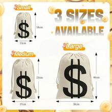 3pcs Canvas Natural Money Bags With Drawstring Closure And Dollar Sign Design, Suitable For Toy Party Gifts, Bank Robbery Cowboy Pirate Theme, Handbag Pouch - Multi-color - View 2
