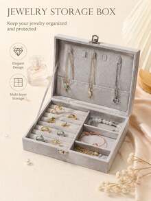1pc Large Capacity Multi-Compartment Flocked Jewelry Box, Minimalist Solid Color Rectangular Flip Top Jewelry Storage Box, Divided Storage Area, Soft Lining With Metal Lock Design, Dust-Proof And Scratch-Resistant Jewelry Organizer, Suitable For Rings, Earrings, Necklaces, Bracelets, Bangles Classification Storage, Ideal For Bedroom Vanity, Closet, Dormitory And Birthday, Valentine's Day, Mother's Day, Christmas Gifts - Multicolor - View 7