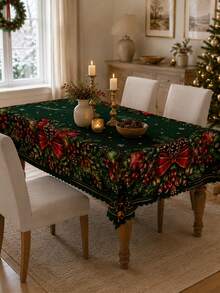 1pc Dark Green Christmas Wreath Tablecloth, Elegant Polyester Rectangular Tablecloth, Printed With Pine Branches, Red Bows, Berries And Decorative Balls Pattern, Suitable For Kitchen Decor, Home Decor, Room Decor, Christmas Home Decor And Classroom Decor - Multicolor - View 11