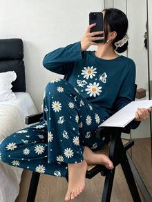 Setelan Piyama Wanita Ukuran Besar Motif Bunga & Kupu-kupu Lengan Panjang dan Celana Panjang, 2 Potong, Pakaian Santai Musim Gugur/Dingin - Biru - View 5