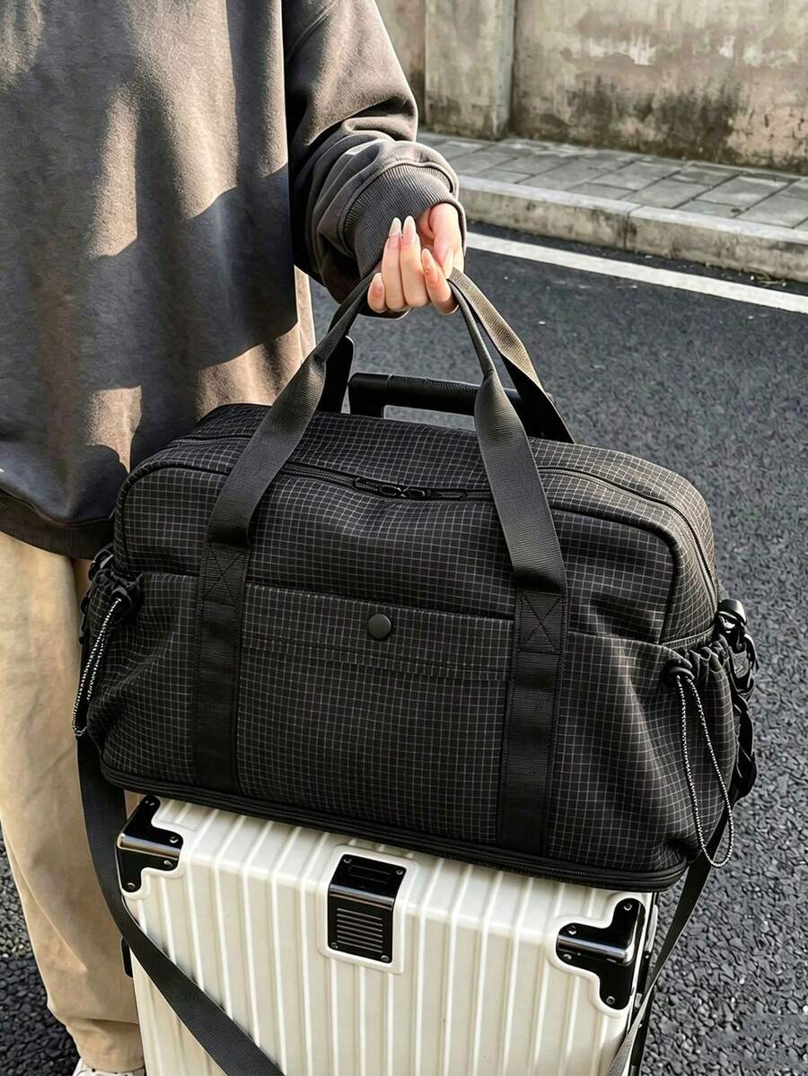 高端旅行包 大容量衣物收納袋 便攜商務旅行登機行李包 時尚對比條紋設計包