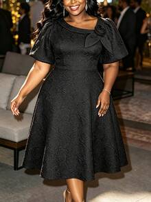 Women Plus Black Size Rose Jacquard Flared Puff Sleeve A-Line Graduation Dress Wedding Party Elegant Fall - Black - View 3