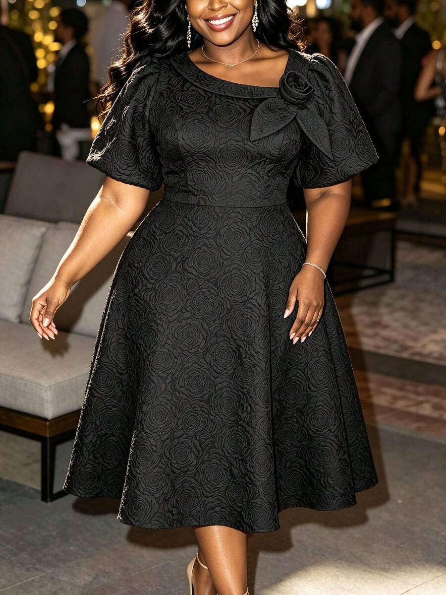 Women Plus Black Size Rose Jacquard Flared Puff Sleeve A-Line Graduation Dress Wedding Party Elegant Fall