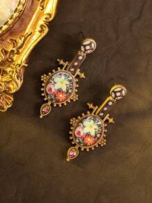1 Pair Women's Fashion Vintage Earrings, Luxurious Niche Floral Tassel Water Drop Cute Sweet Cartoon Carved Earrings, Suitable For Holiday Party Wear - Multicolor - View 6