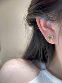 1 par de exquisitos pendientes de botón con mariposa de circonita cúbica transparente, adecuados para el uso diario de las mujeres - Amarillo dorado+verde - Ver 5