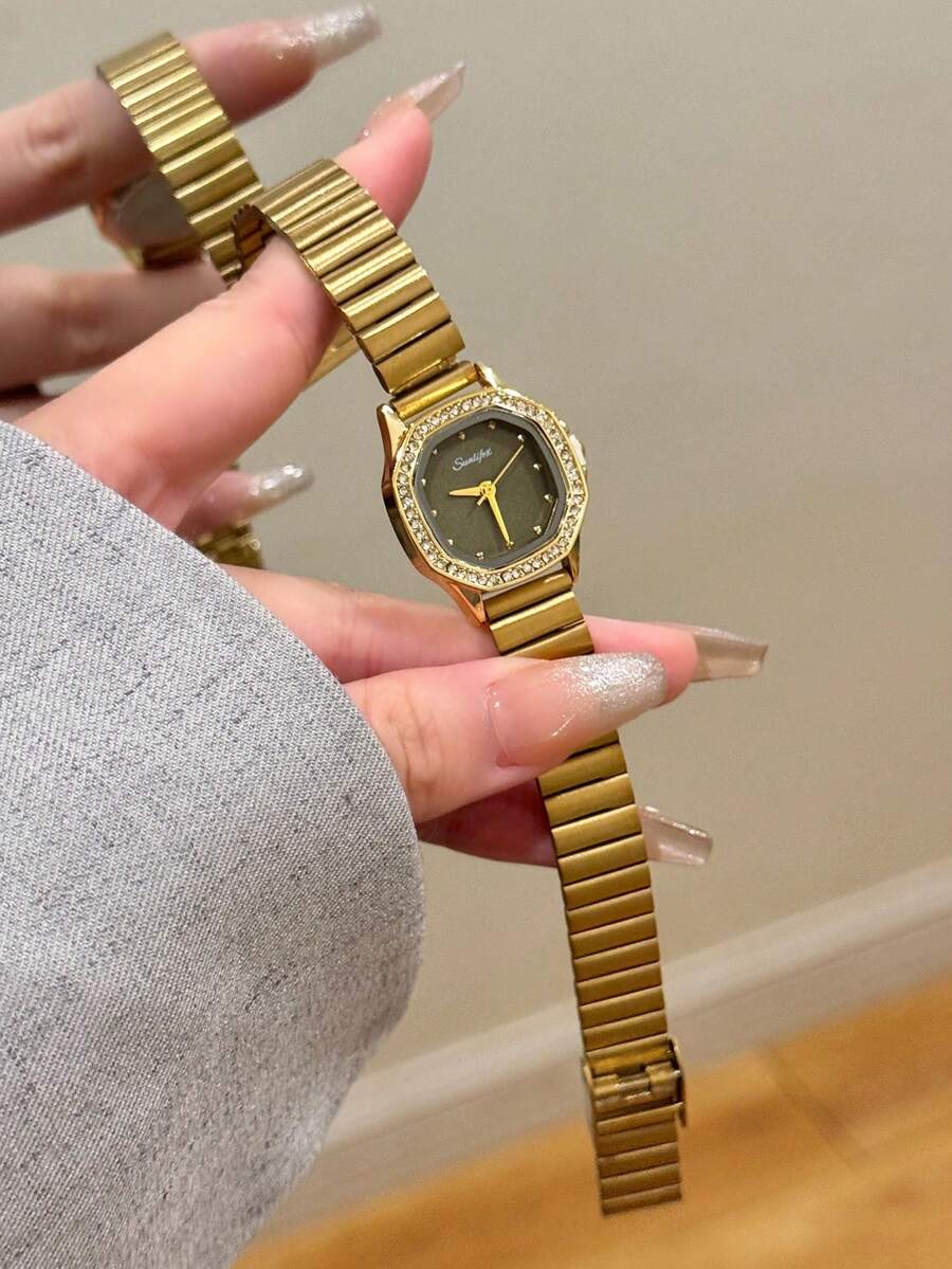 1件金色女款石英手錶錶帶,休閒時尚風,竹紋設計,適合日常佩戴,復古情侶風,最佳禮物 - 金色 - 查看 1