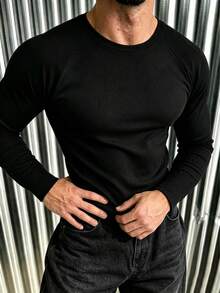 New Men's Casual Classic Ribbed Texture Crew Neck Raglan Sleeve Versatile Long Sleeve T-Shirt - Black - View 5