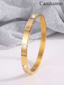 1/3Pcs 18K Gold Plated Stainless Steel Bangle Set, Clover & Zirconia Stackable Bracelets, Daily Wear Holiday Gift For Women - Gold - View 4