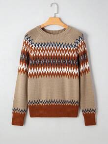 Acelitt Autumn/Winter Vintage Fair Isle Geometric Jacquard Round Neck Raglan Sleeve Loose Long Sleeve Knit Sweater, Suitable For Daily, Holiday, Outdoor Wear - Khaki - View 3