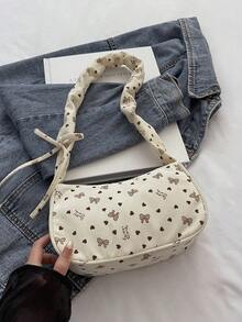 1件白色秋冬新款印花蝴蝶結裝飾純色燈芯絨法棍包 女款百褶腋下單肩包 - 白色 - 查看 4