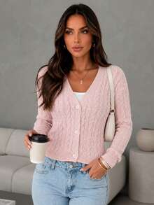 ChicMe Cardigan Rajut Kabel Berpayet Wanita, Leher V, Kancing Depan, Lengan Panjang, Sweater Modis, Pakaian Luar - Berwarna merah muda - View 4