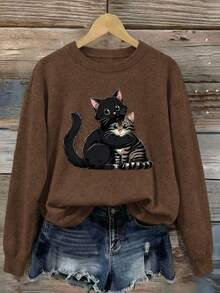 Plus Size Women's Cute Cat Print, Unique Casual Long Sleeve Sweater, Suitable For Autumn/Winter Daily Wear, Perfect Gift For Pet Lovers - Coffee Brown - View 9