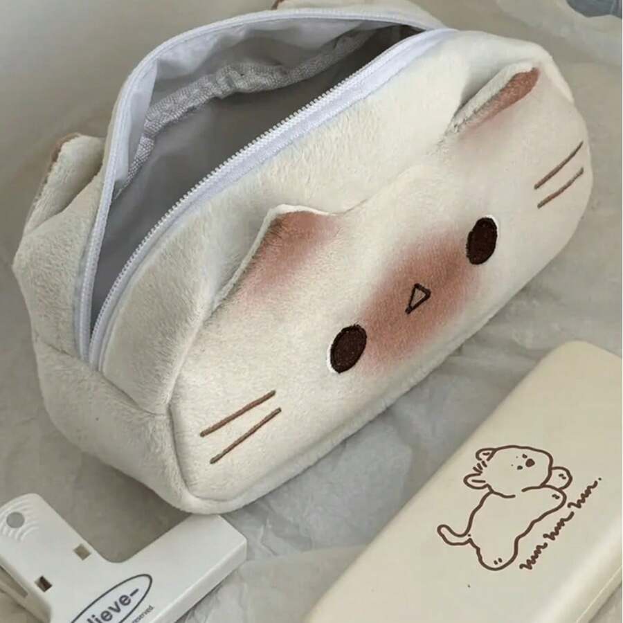 3pcs Cream White Gradient Blush Cat 3D Shaped Pencil Case, Student Stationery, Spacious Storage Bag, Girls Pencil Box, Cream Color Stationery Box, Office Supplies Storage Bag, Suitable For Back To School Storage, Perfect Gift For Friends - A - View 1