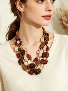 Maillard Vintage Multi-Layer Wooden Bead Necklace, Handmade Braided Rope Contrast Color Neck Chain, Versatile Exaggerated Accessory For Vacation And Commute - Brown - View 3